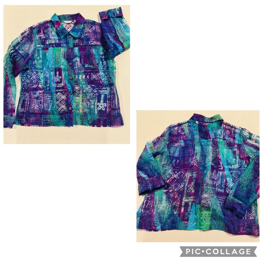Erin by Erin London Womens Large Purple Teal Abstract Burnout Button Up Shirt